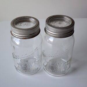 Canadian Jewel Mason Jars Pint Clear Vintage Glass Zinc Rings Glass Lids Pair